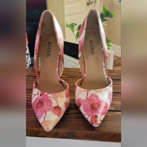 White and pink floral heels